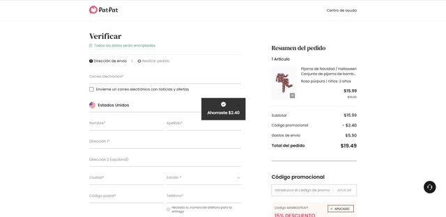 Patpat US checkout page showing Patpat US promo code box | Screenshot taken by SimplyCodes community member on Aug 11, 2025