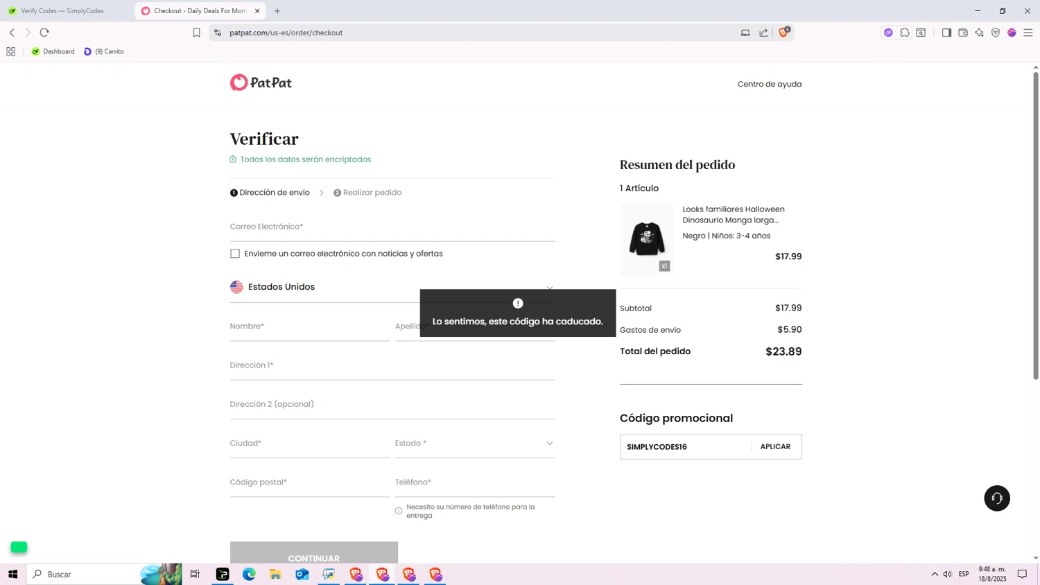 Patpat US promo code screenshot showing code SIMPLYCODES16 applied at Patpat US checkout page. Uploaded by SimplyCodes community member Nezukooo on Aug 18, 2025