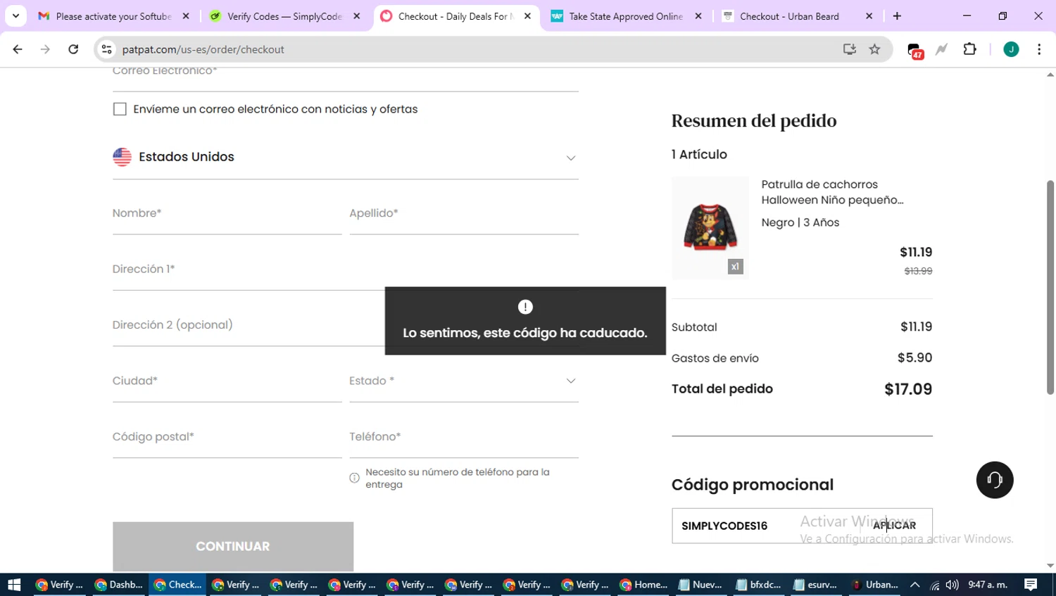 Patpat US promo code screenshot showing code SIMPLYCODES16 applied at Patpat US checkout page. Uploaded by SimplyCodes community member SavvyCurator1770 on Aug 18, 2025