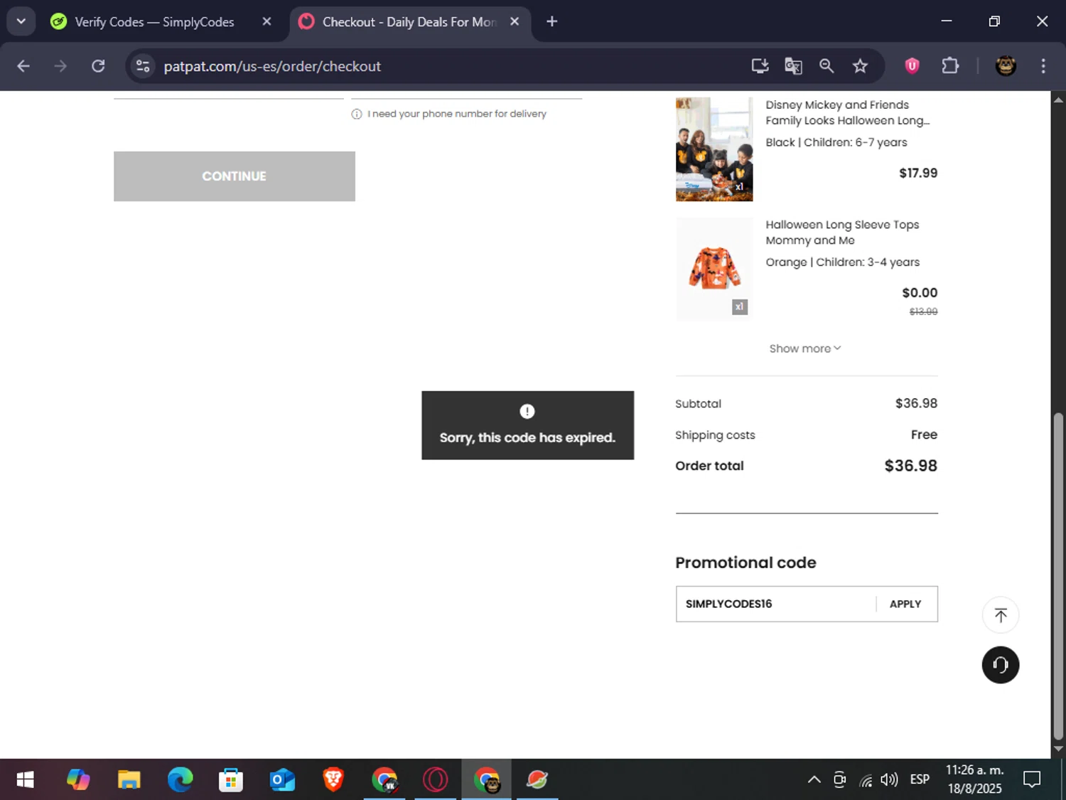 Patpat US promo code screenshot showing code SIMPLYCODES16 applied at Patpat US checkout page. Uploaded by SimplyCodes community member abrahanv on Aug 18, 2025