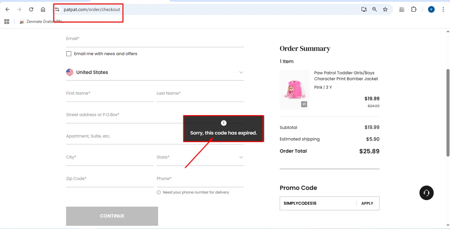 Patpat US promo code screenshot showing code SIMPLYCODES16 applied at Patpat US checkout page. Uploaded by SimplyCodes community member victorchirino1 on Aug 18, 2025