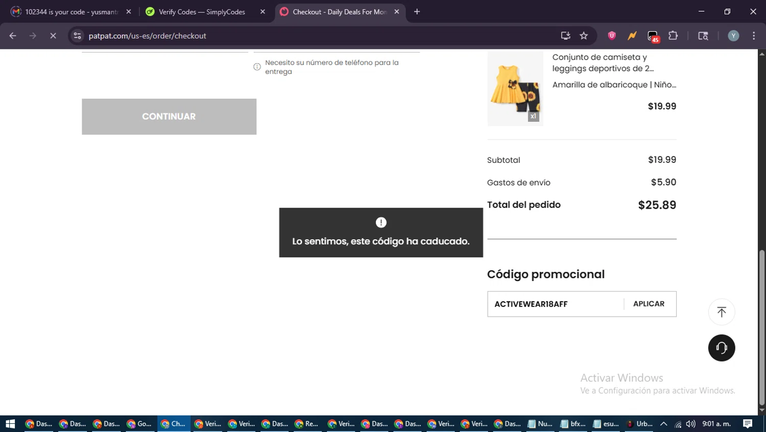 Patpat US promo code screenshot showing code ACTIVEWEAR18AFF applied at Patpat US checkout page. Uploaded by SimplyCodes community member MoneyTiger5162 on Aug 11, 2025