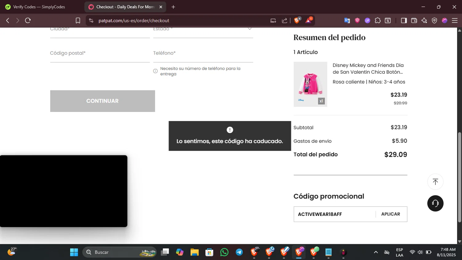 Patpat US promo code screenshot showing code ACTIVEWEAR18AFF applied at Patpat US checkout page. Uploaded by SimplyCodes community member PennyMaverick9741 on Aug 11, 2025