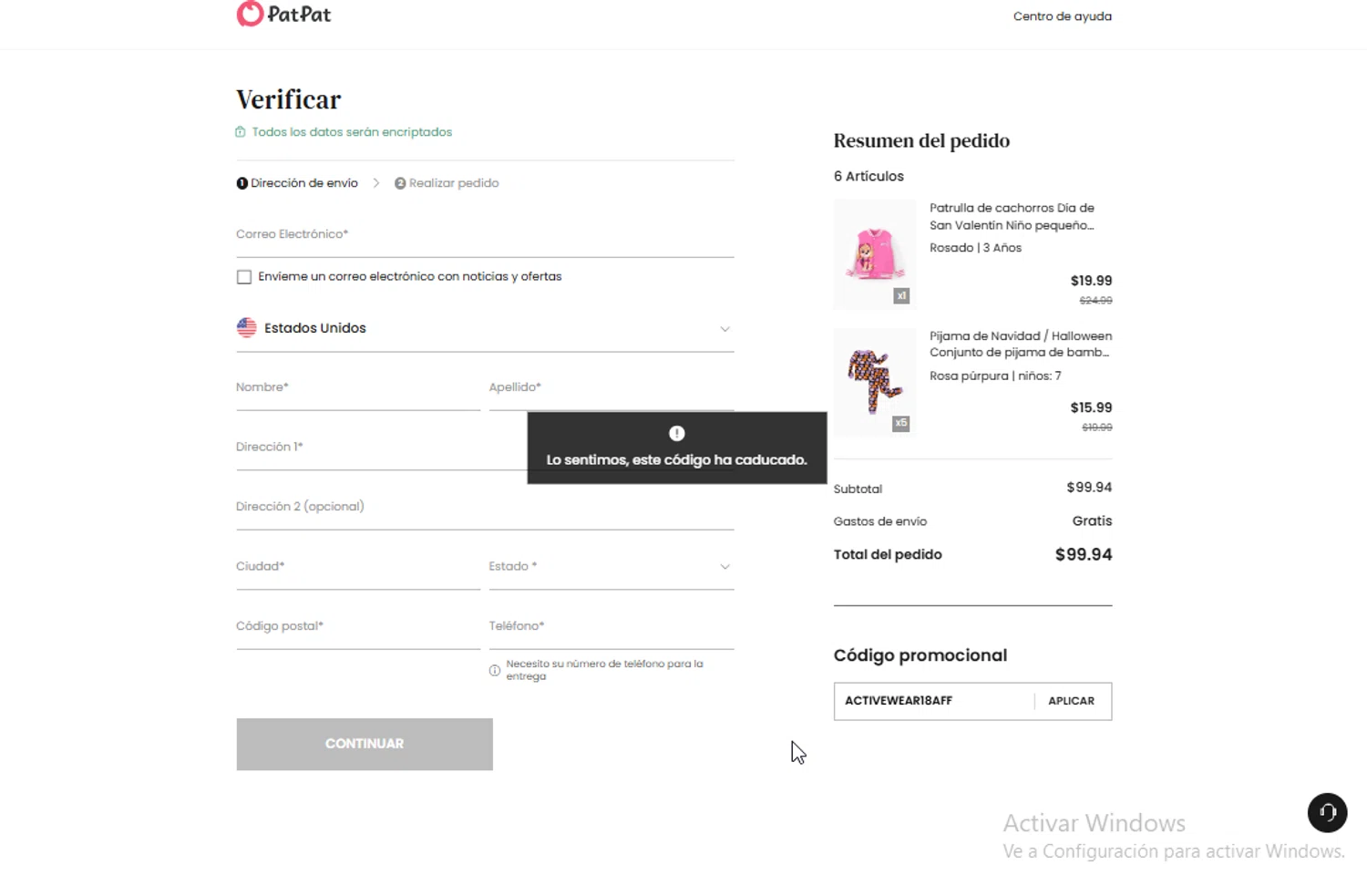 Patpat US promo code screenshot showing code ACTIVEWEAR18AFF applied at Patpat US checkout page. Uploaded by SimplyCodes community member ligthYA on Aug 11, 2025