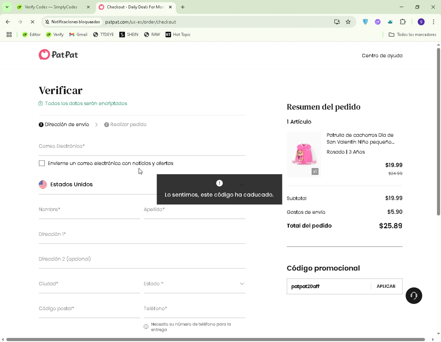 Patpat US promo code screenshot showing code patpat20aff applied at Patpat US checkout page. Uploaded by SimplyCodes community member CapitanCentella on Aug 12, 2025