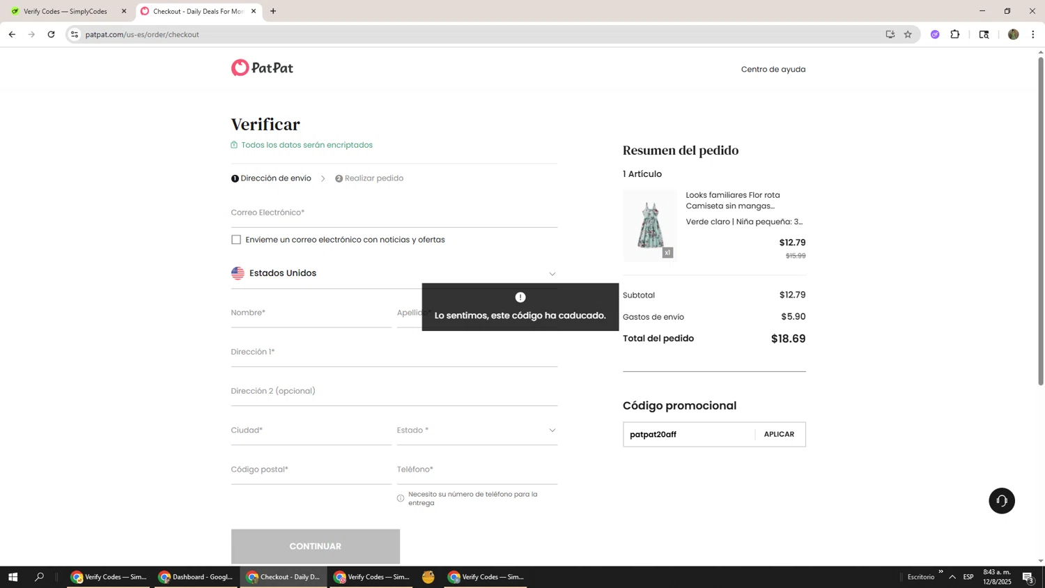Patpat US promo code screenshot showing code patpat20aff applied at Patpat US checkout page. Uploaded by SimplyCodes community member Phoenix585 on Aug 12, 2025