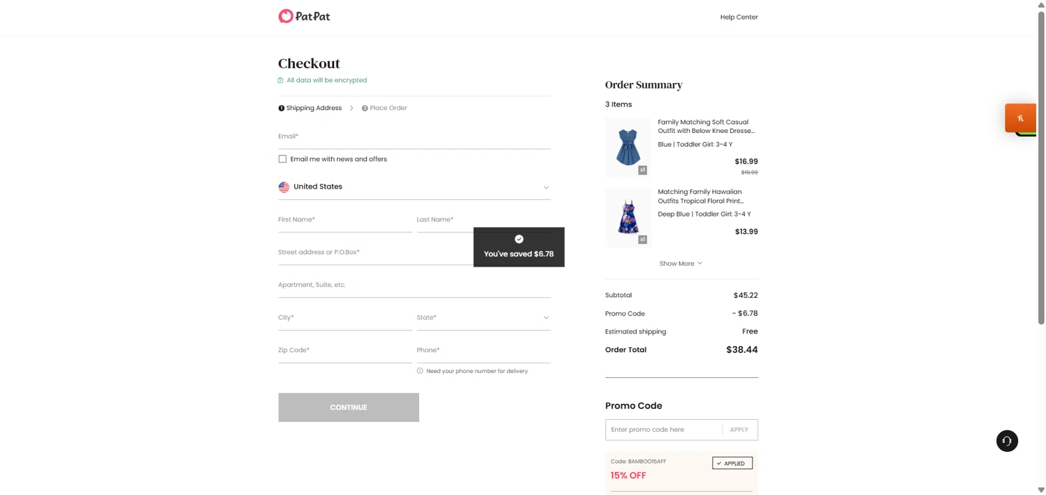 Patpat US promo code screenshot showing code BAMBOO15AFF applied at Patpat US checkout page. Uploaded by SimplyCodes community member HoneyJean on Jul 10, 2025
