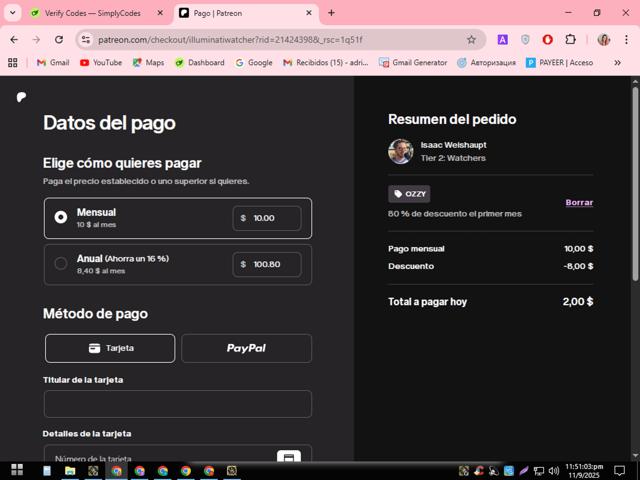 Patreon checkout page showing Patreon discount code box | Screenshot taken by SimplyCodes community member on Sep 12, 2025