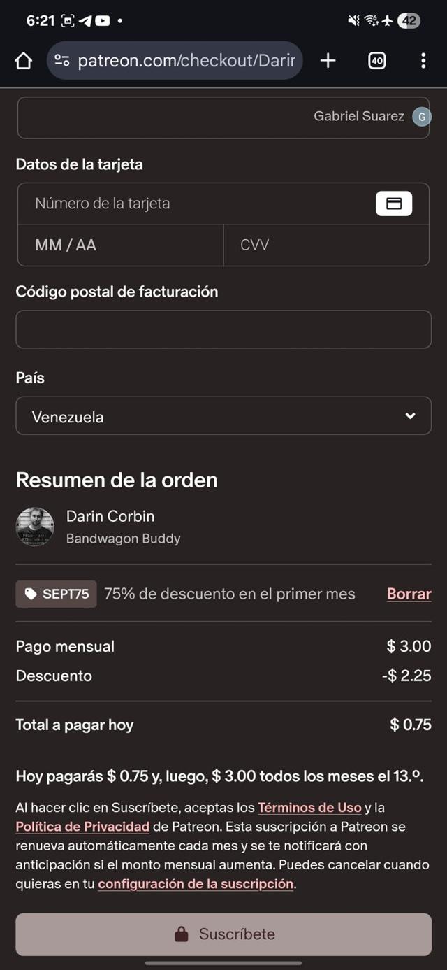 Patreon checkout page showing Patreon discount code box | Screenshot taken by SimplyCodes community member on Sep 13, 2025