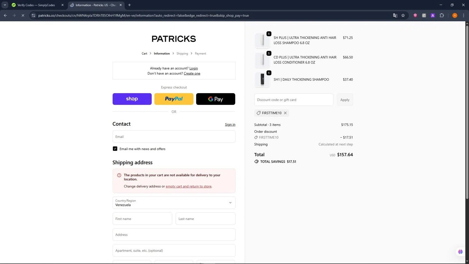 Patricks US promo code screenshot showing code FIRSTTIME10 applied at Patricks US checkout page. Uploaded by SimplyCodes community member NobleScholar188 on Nov 3, 2025