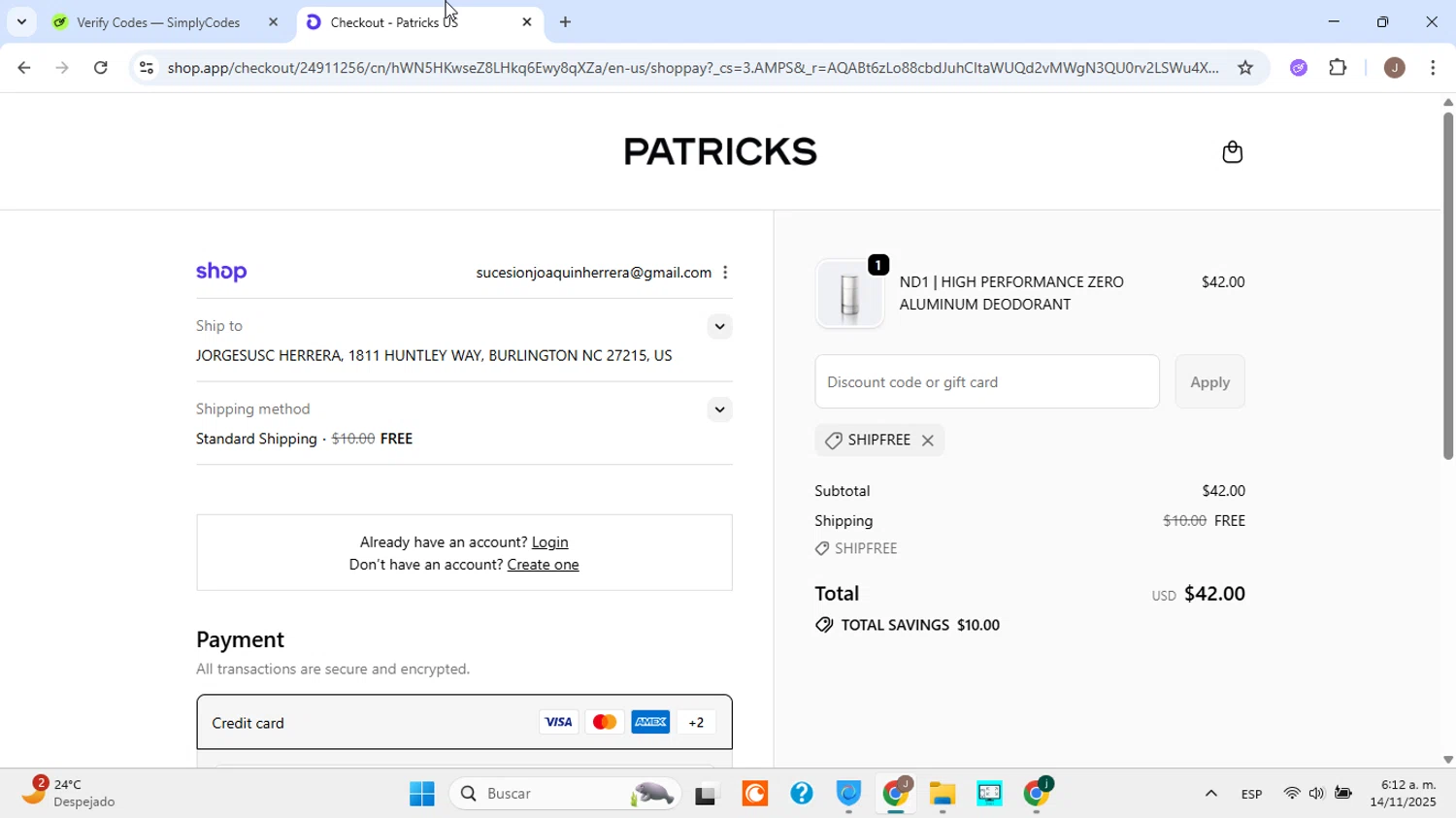 Patricks US promo code screenshot showing code SHIPFREE applied at Patricks US checkout page. Uploaded by SimplyCodes community member ABHF23 on Nov 14, 2025