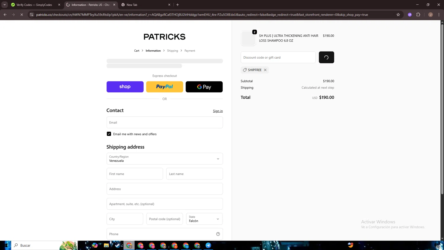 Patricks US promo code screenshot showing code SHIPFREE applied at Patricks US checkout page. Uploaded by SimplyCodes community member CrownChaser949 on Jan 8, 2026