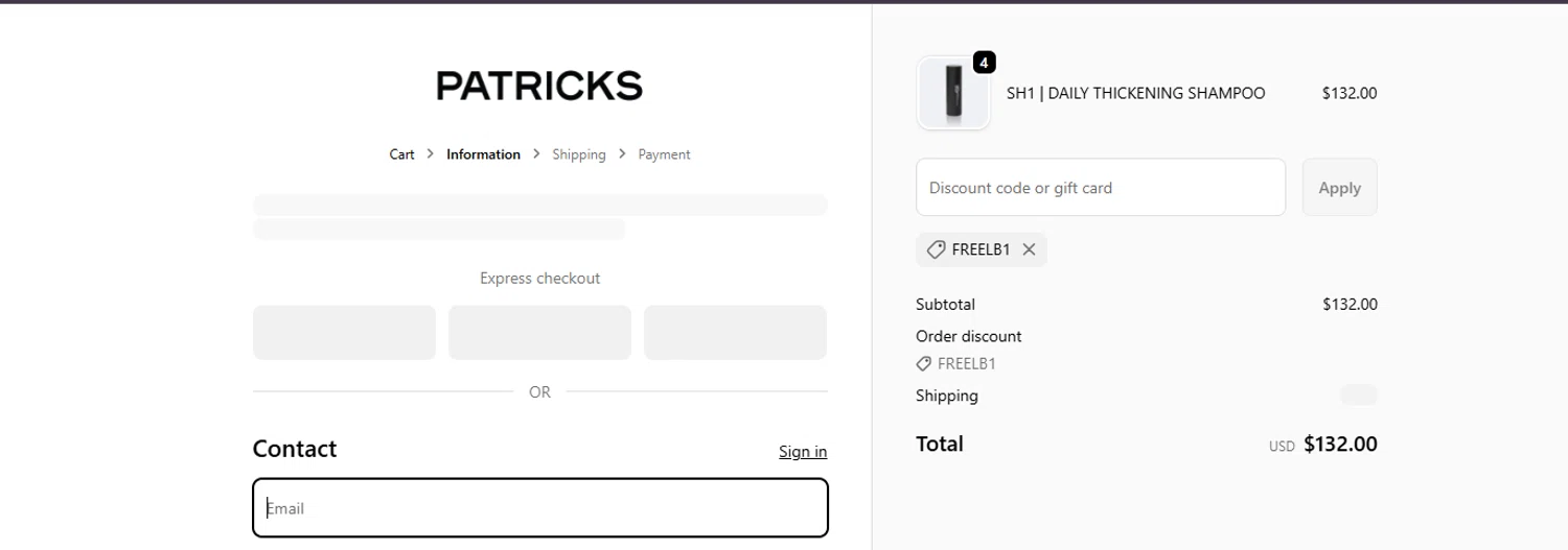 Patricks US promo code screenshot showing code FREELB1 applied at Patricks US checkout page. Uploaded by SimplyCodes community member ashe1986 on Nov 14, 2025