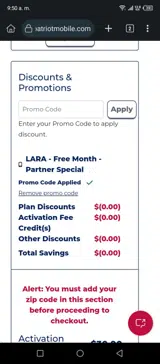 Patriot Mobile coupon verification screenshot