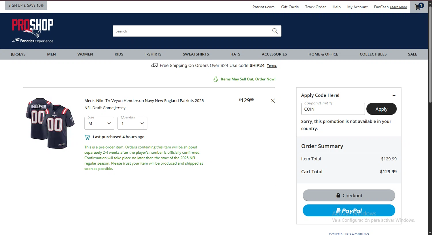 Patriots ProShop promo code screenshot showing code COIN applied at Patriots ProShop checkout page. Uploaded by SimplyCodes community member CodeExpert7814 on Apr 26, 2025
