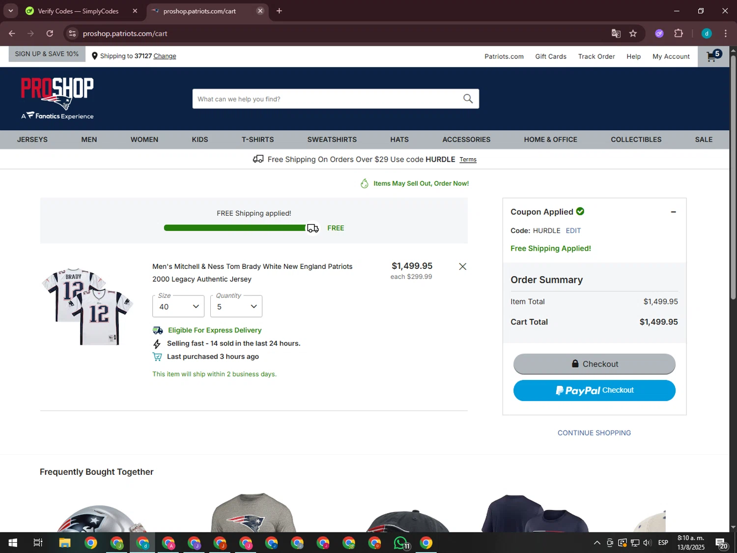 Patriots ProShop promo code screenshot showing code HURDLE applied at Patriots ProShop checkout page. Uploaded by SimplyCodes community member GloriousTiger3507 on Aug 13, 2025