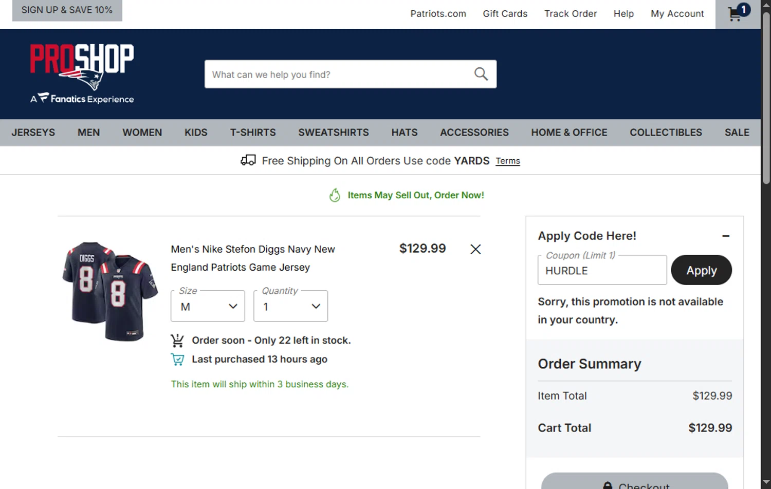 Patriots ProShop promo code screenshot showing code HURDLE applied at Patriots ProShop checkout page. Uploaded by SimplyCodes community member SalePhoenix2220 on Jun 16, 2025