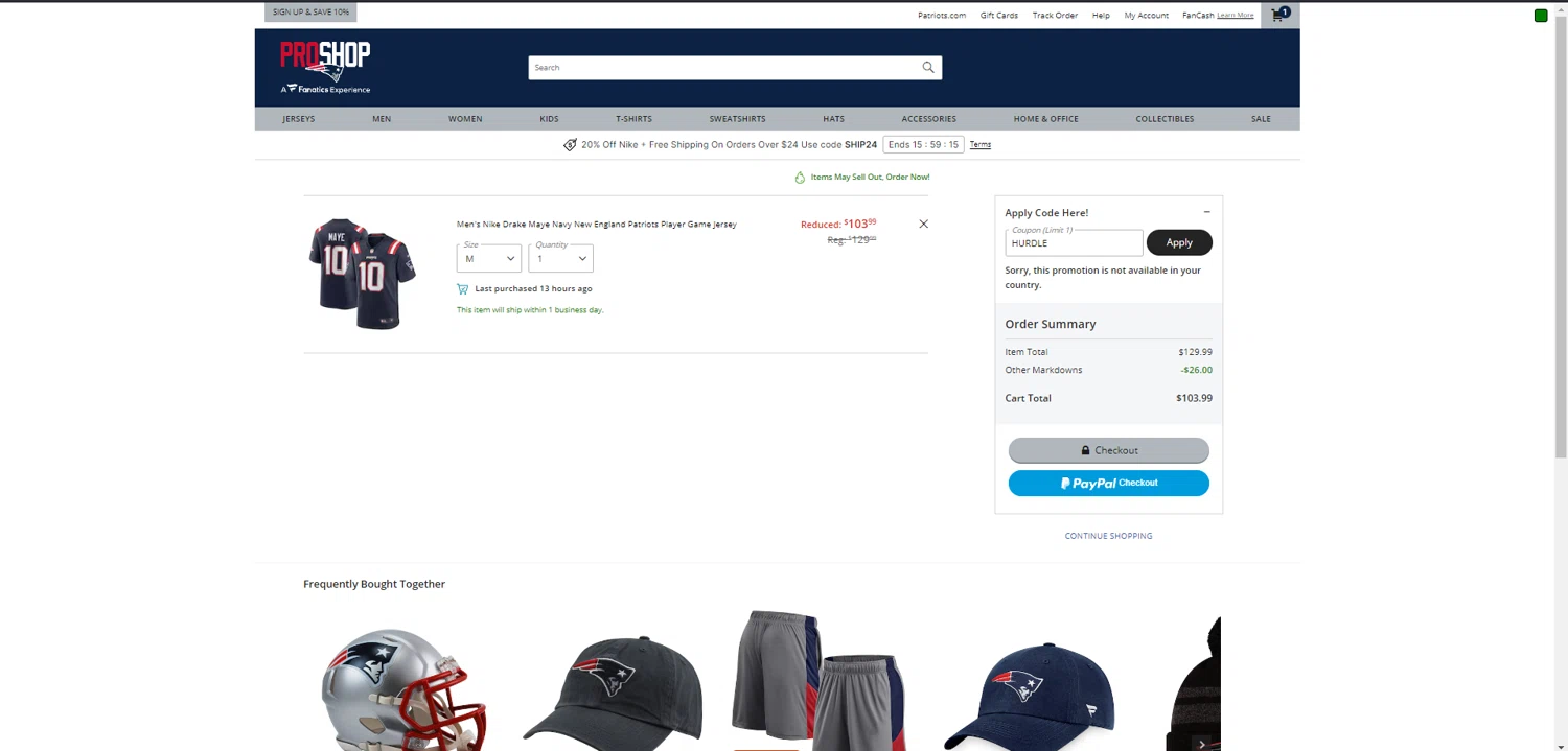 Patriots ProShop promo code screenshot showing code HURDLE applied at Patriots ProShop checkout page. Uploaded by SimplyCodes community member kaiserser on Apr 19, 2025