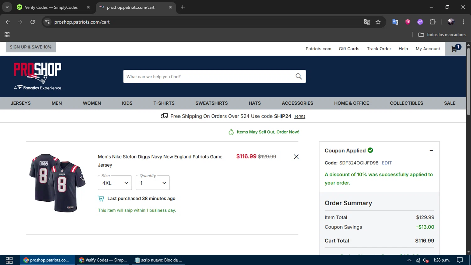 Patriots ProShop promo code screenshot showing code SDF324OGIJFD98 applied at Patriots ProShop checkout page. Uploaded by SimplyCodes community member gremirhernandez on Jul 19, 2025