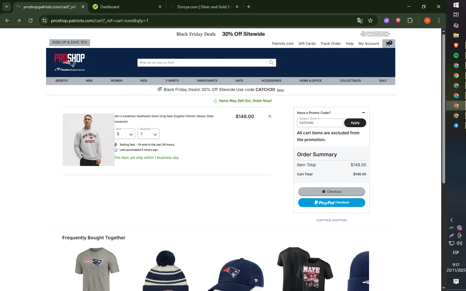 Patriots ProShop checkout page showing Patriots ProShop promo code box | Screenshot taken by SimplyCodes community member on Nov 25, 2025