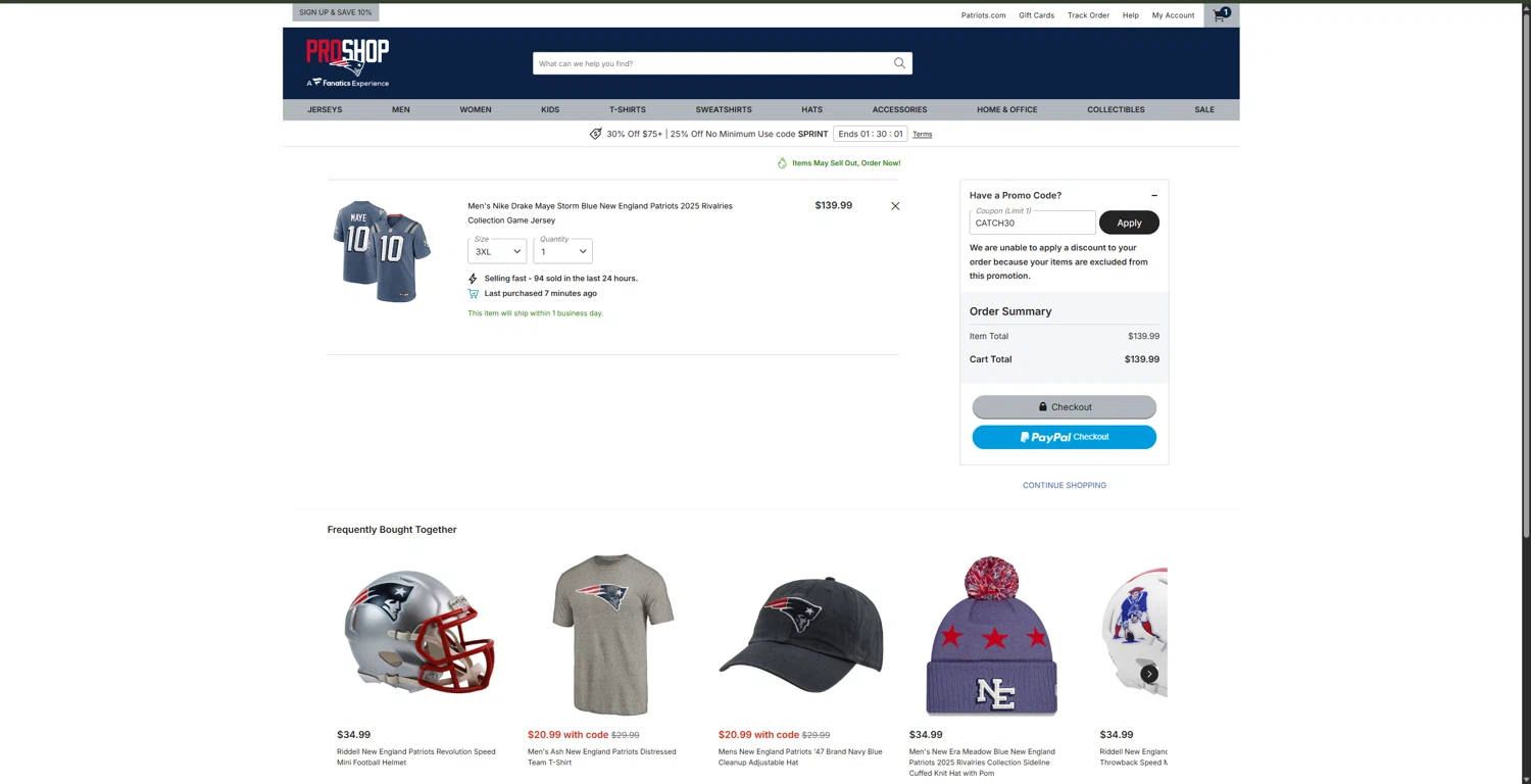 Patriots ProShop checkout page showing Patriots ProShop promo code box | Screenshot taken by SimplyCodes community member on Oct 27, 2025