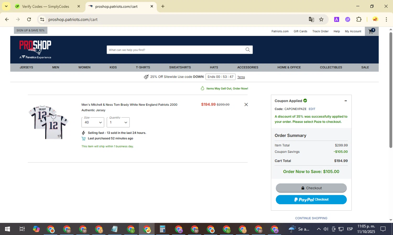 Patriots ProShop checkout page showing Patriots ProShop promo code box | Screenshot taken by SimplyCodes community member on Oct 12, 2025