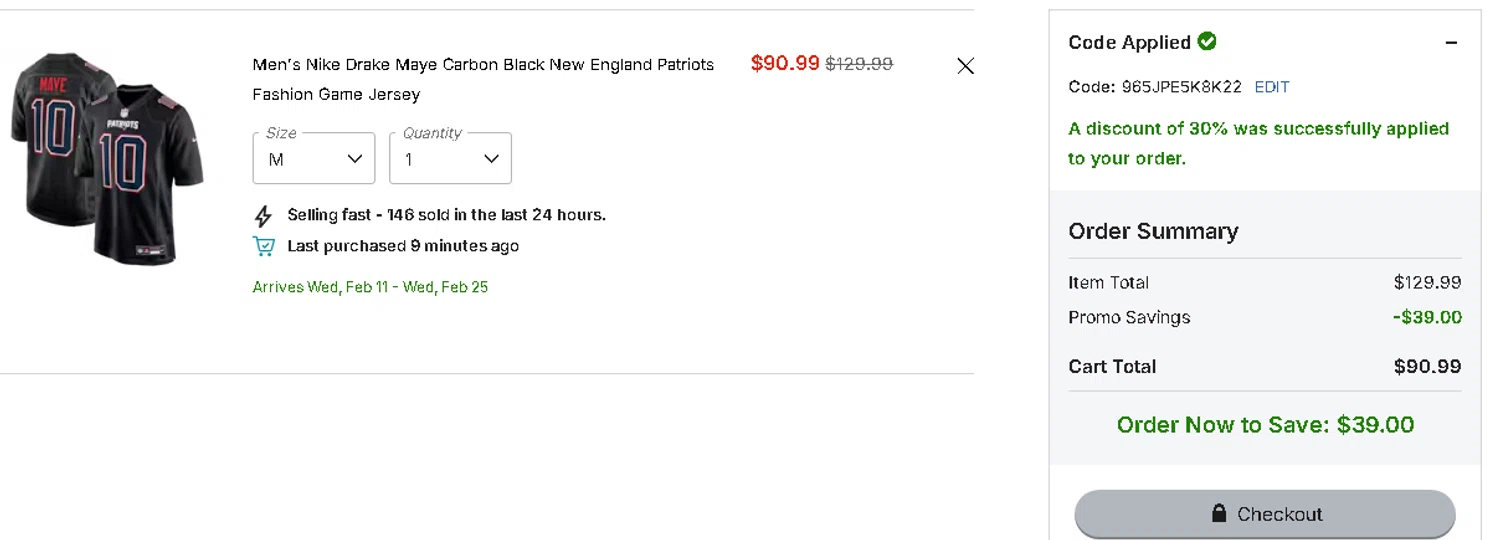 Patriots ProShop promo code screenshot showing code 965JPE5K8K22 applied at Patriots ProShop checkout page. Uploaded by SimplyCodes community member OnlywM on Dec 26, 2025