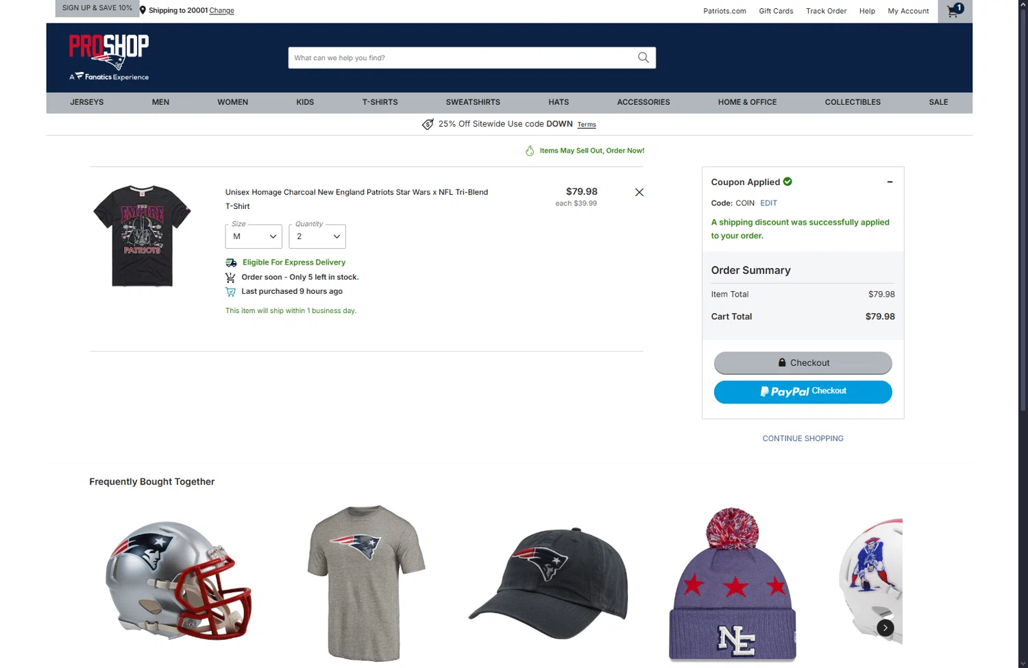 Patriots ProShop promo code screenshot showing code COIN applied at Patriots ProShop checkout page. Uploaded by SimplyCodes community member User404 on Oct 23, 2025