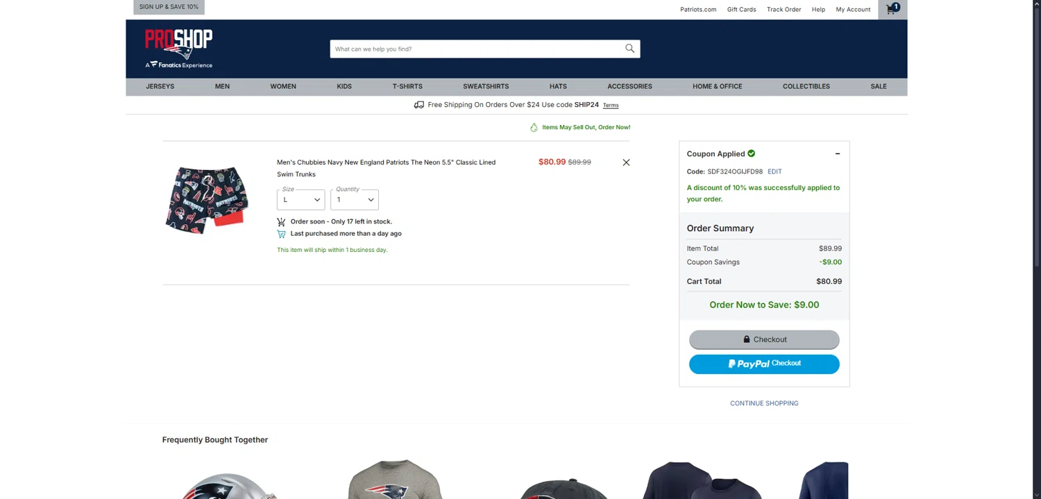 Patriots ProShop promo code screenshot showing code SDF324OGIJFD98 applied at Patriots ProShop checkout page. Uploaded by SimplyCodes community member User404 on Jul 19, 2025
