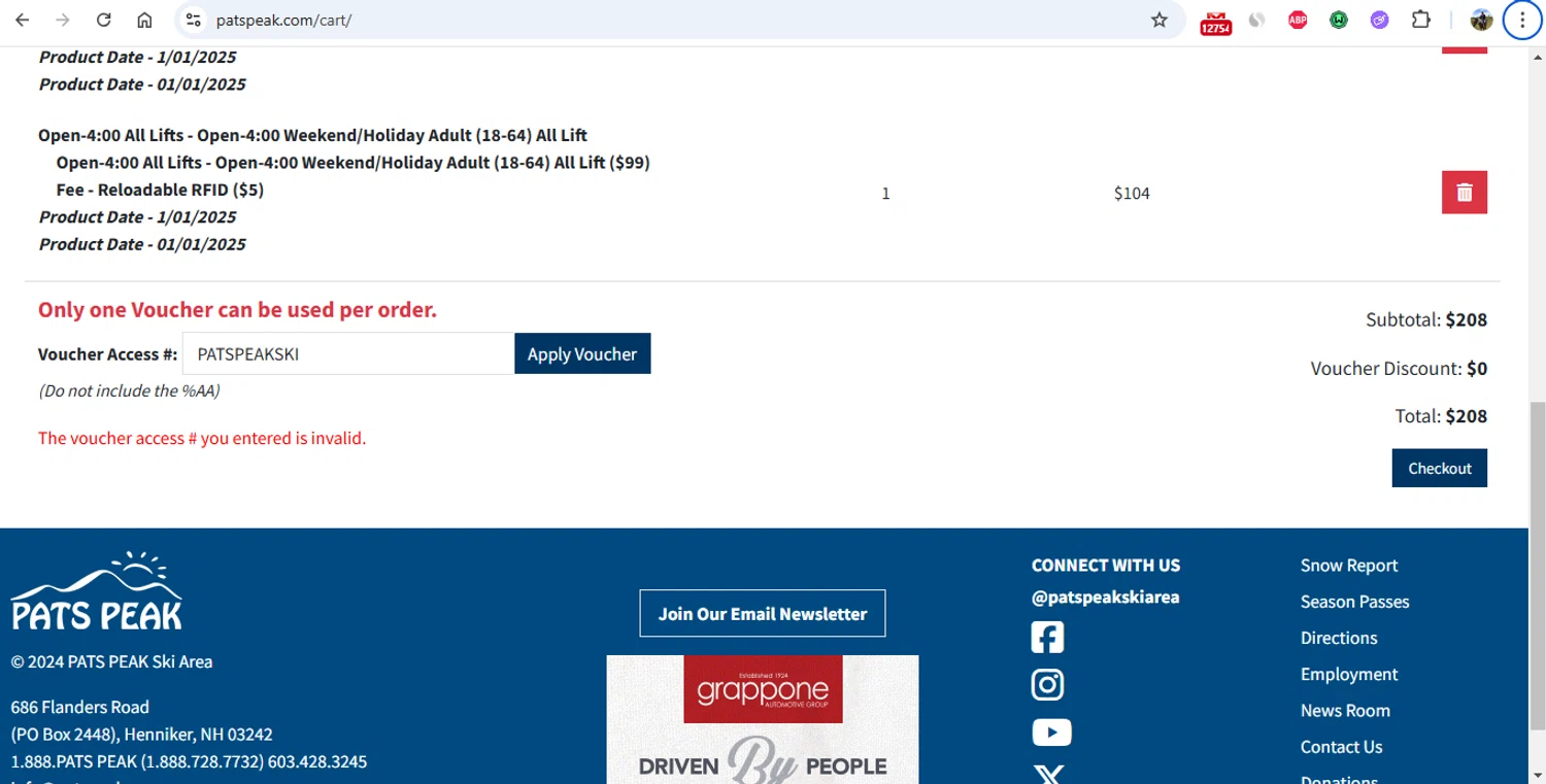 Pats Peak discount code screenshot showing code PATSPEAKSKI applied at Pats Peak checkout page. Uploaded by SimplyCodes community member gonzalodamole on Dec 31, 2024