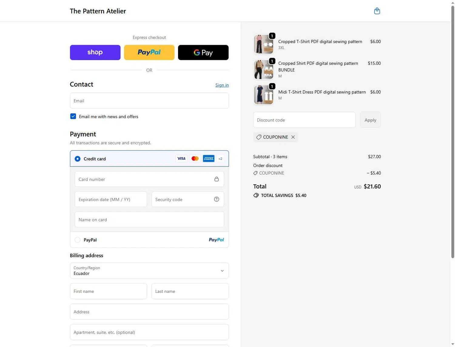 The Pattern Atelier promo code screenshot showing code COUPONINE applied at The Pattern Atelier checkout page. Uploaded by SimplyCodes community member Sksjsjss on May 31, 2026
