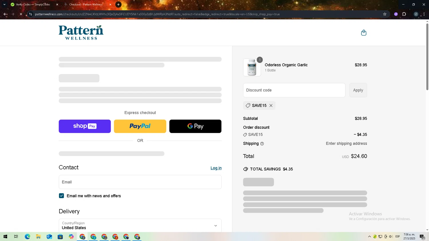 Pattern Wellness discount code screenshot showing code SAVE15 applied at Pattern Wellness checkout page. Uploaded by SimplyCodes community member zadquiel on Mar 27, 2025