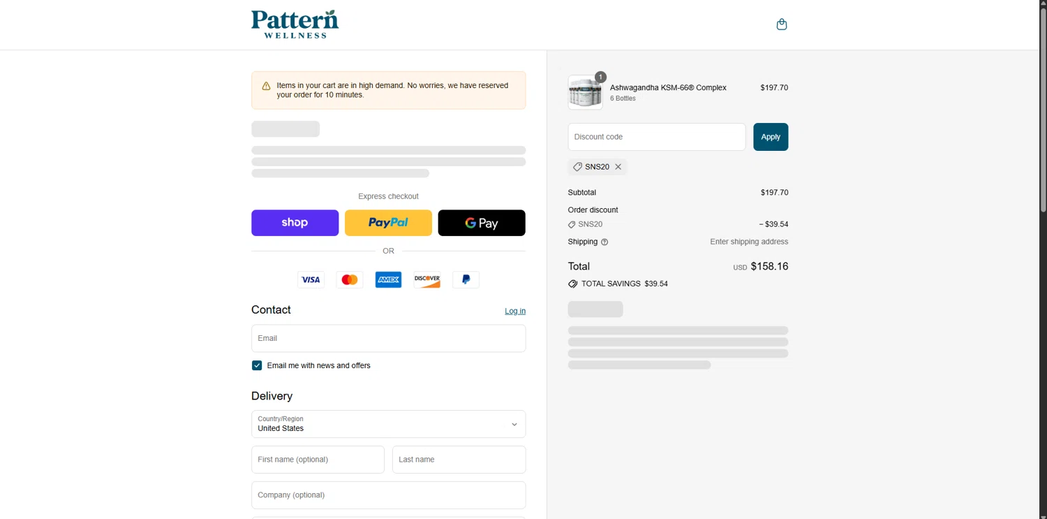 Pattern Wellness discount code screenshot showing code SNS20 applied at Pattern Wellness checkout page. Uploaded by SimplyCodes community member BrilliantGenius7871 on Aug 31, 2025