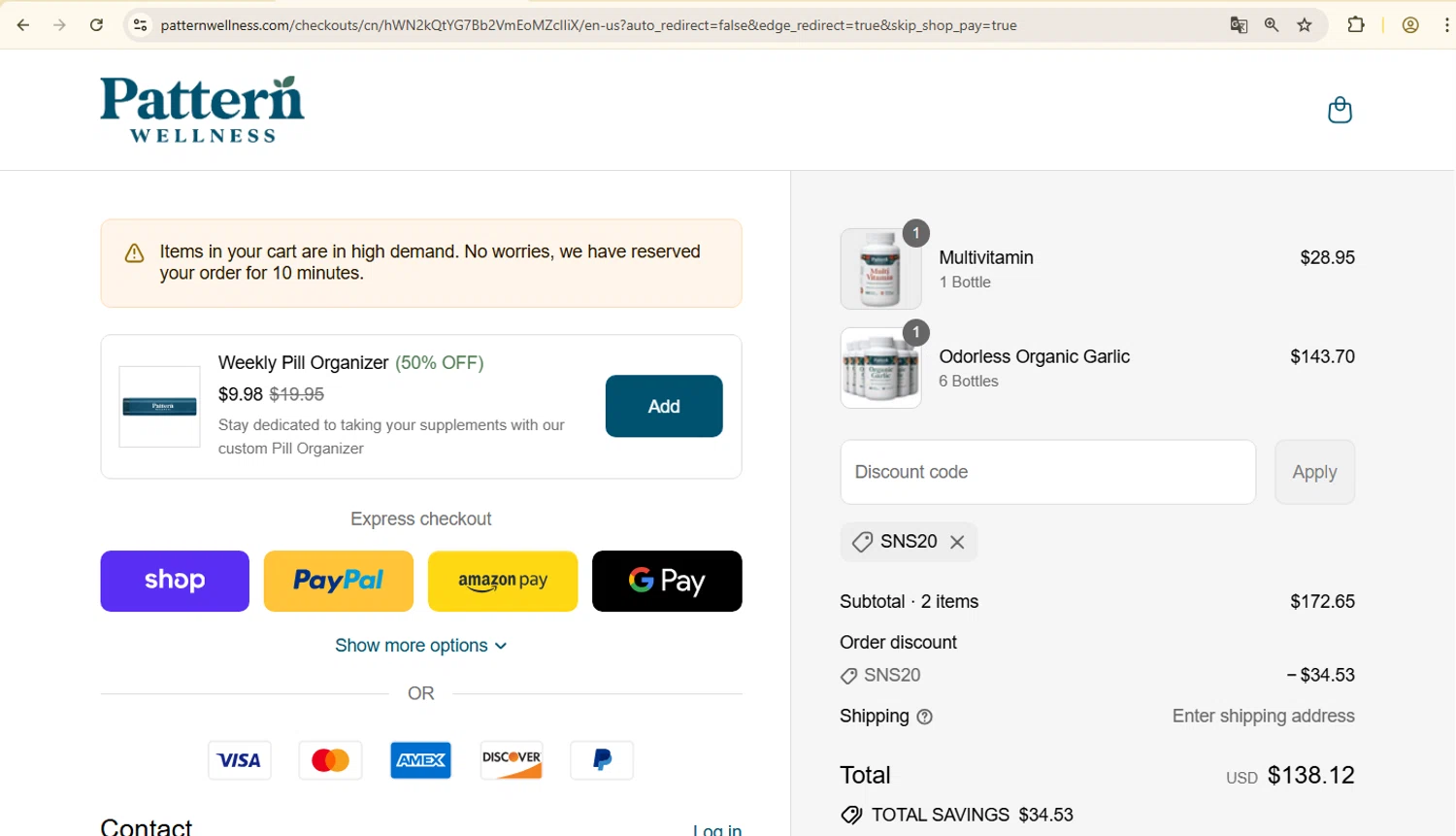 Pattern Wellness discount code screenshot showing code SNS20 applied at Pattern Wellness checkout page. Uploaded by SimplyCodes community member LegendarySage5106 on Sep 8, 2025