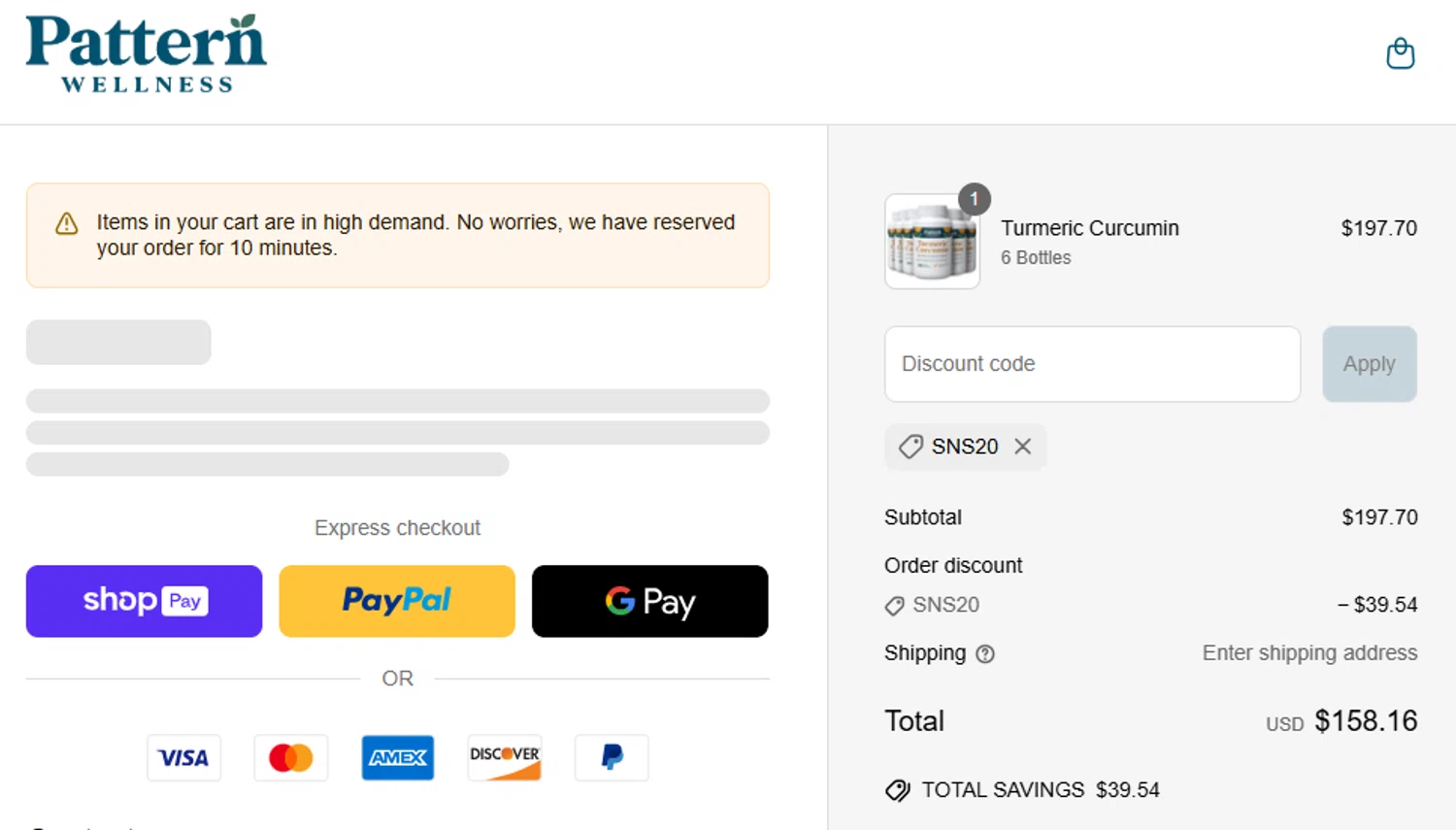 Pattern Wellness discount code screenshot showing code SNS20 applied at Pattern Wellness checkout page. Uploaded by SimplyCodes community member paola49520 on May 24, 2025