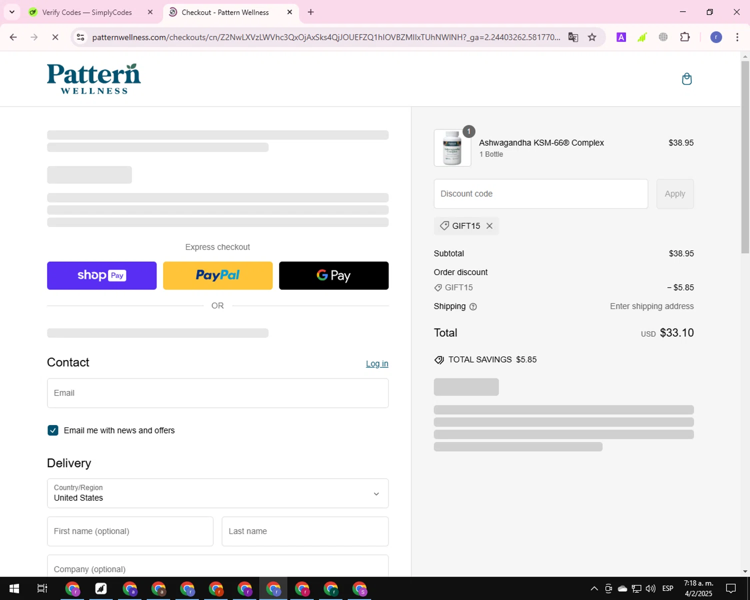 Pattern Wellness discount code screenshot showing code GIFT15 applied at Pattern Wellness checkout page. Uploaded by SimplyCodes community member EpicCurator4666 on Feb 4, 2025
