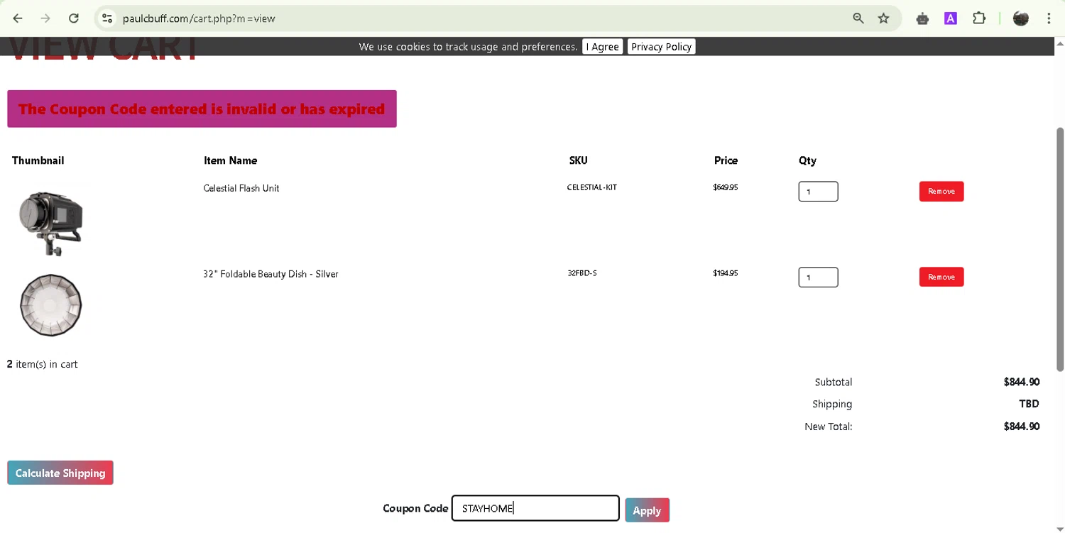 Paul C. Buff promo code screenshot showing code STAYHOME applied at Paul C. Buff checkout page. Uploaded by SimplyCodes community member Jesusvasquezzz on Apr 22, 2025