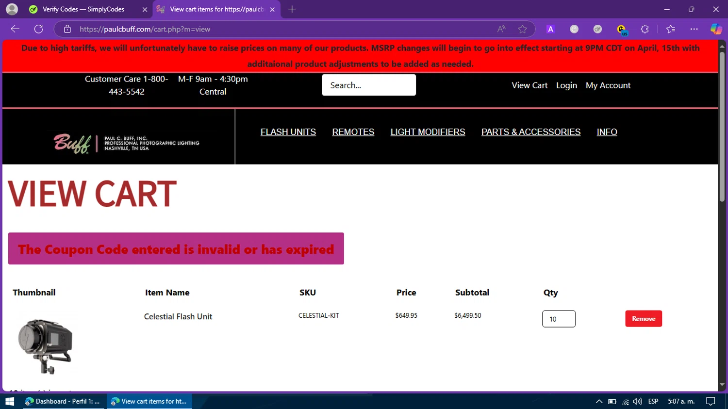 Paul C. Buff promo code screenshot showing code STAYHOME applied at Paul C. Buff checkout page. Uploaded by SimplyCodes community member BargainFox507 on Apr 22, 2025