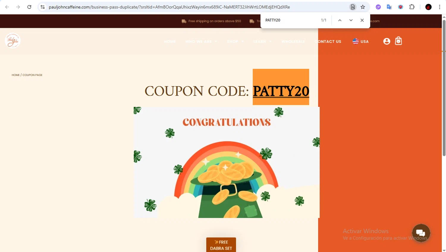 Paul John Caffeine promo code screenshot showing code PATTY20 applied at Paul John Caffeine checkout page. Uploaded by SimplyCodes community member Francisco01 on Nov 30, 2025