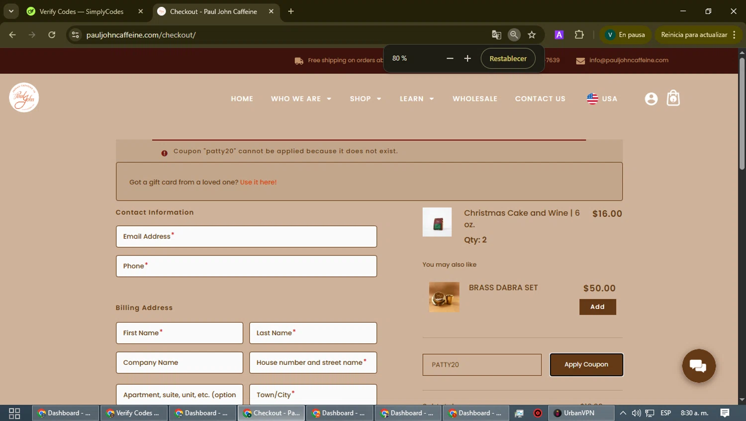 Paul John Caffeine promo code screenshot showing code PATTY20 applied at Paul John Caffeine checkout page. Uploaded by SimplyCodes community member FrugalHawk8896 on Dec 24, 2025