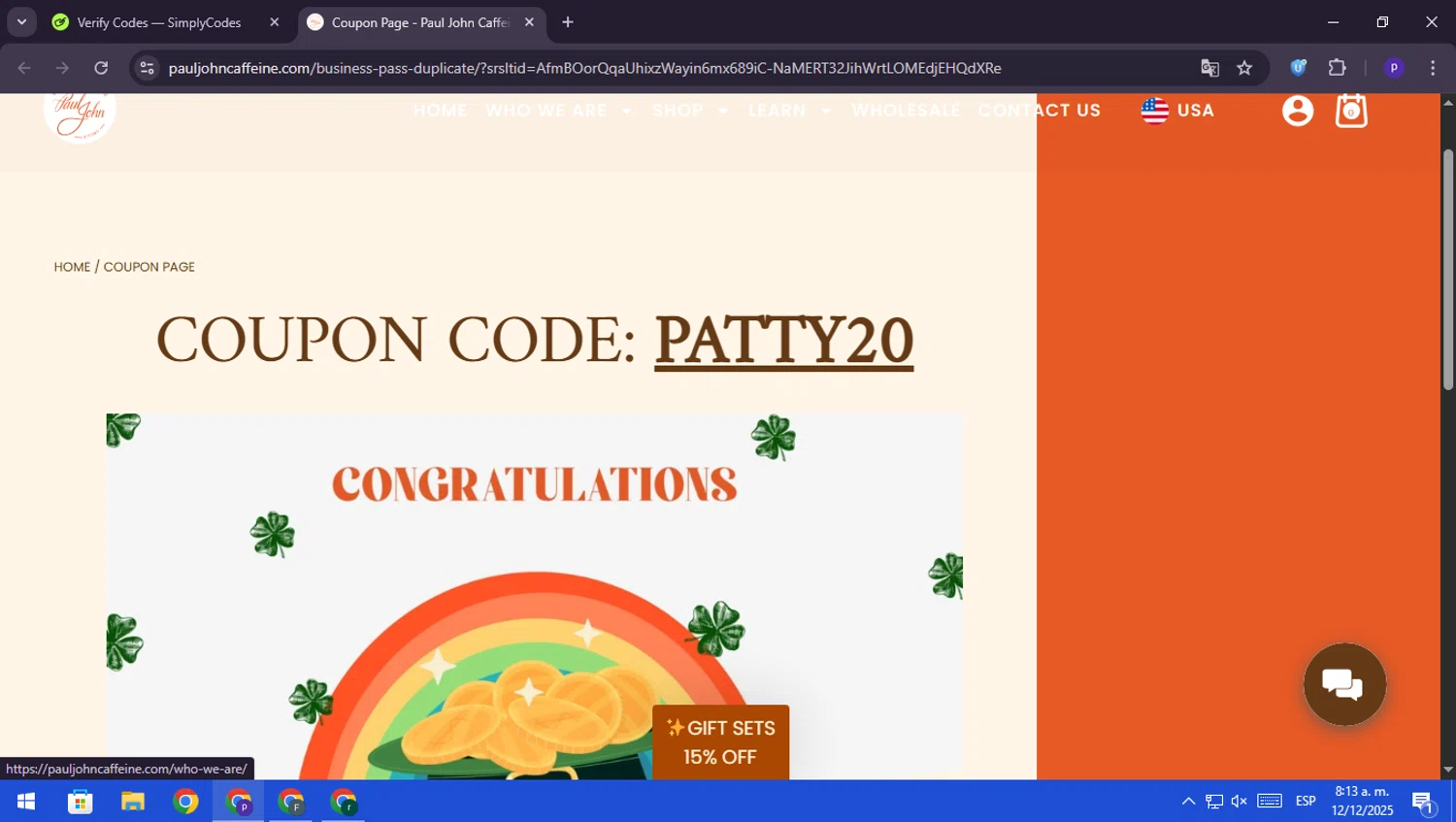 Paul John Caffeine promo code screenshot showing code PATTY20 applied at Paul John Caffeine checkout page. Uploaded by SimplyCodes community member RebateScout6612 on Dec 12, 2025