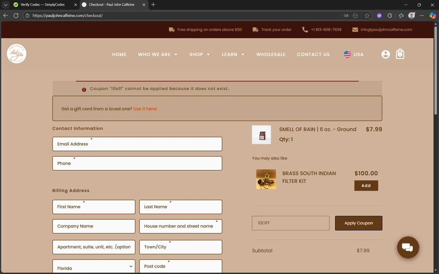 Paul John Caffeine promo code screenshot showing code 10OFF applied at Paul John Caffeine checkout page. Uploaded by SimplyCodes community member Yuyu12 on Nov 11, 2025