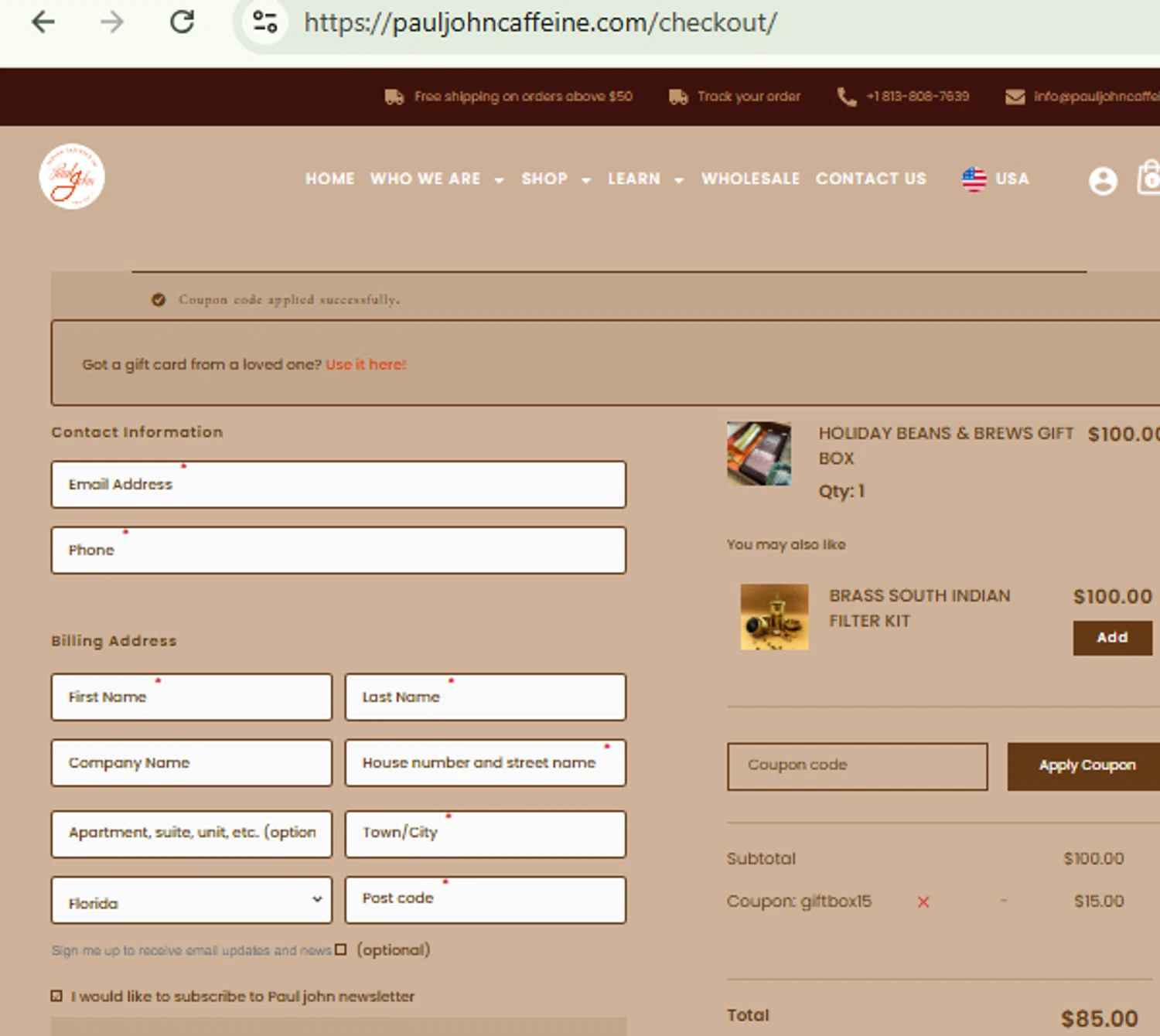 Paul John Caffeine checkout page showing Paul John Caffeine promo code box | Screenshot taken by SimplyCodes community member on Dec 3, 2025
