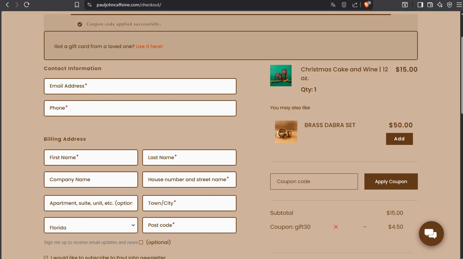 Paul John Caffeine promo code screenshot showing code GIFT30 applied at Paul John Caffeine checkout page. Uploaded by SimplyCodes community member crischidy25 on Dec 30, 2025