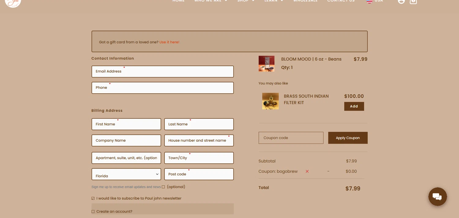 Paul John Caffeine promo code screenshot showing code bogobrew applied at Paul John Caffeine checkout page. Uploaded by SimplyCodes community member ivantorres on Sep 22, 2025
