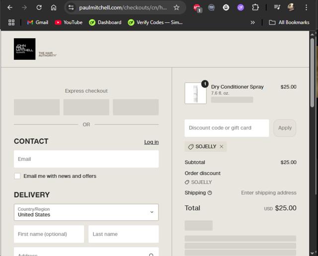 Paul Mitchell checkout page showing Paul Mitchell coupon code box | Screenshot taken by SimplyCodes community member on Sep 2, 2025