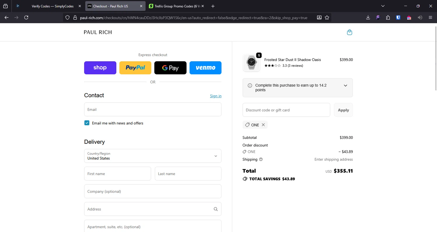 Paul Rich discount code screenshot showing code One applied at Paul Rich checkout page. Uploaded by SimplyCodes community member bluemoony on Oct 28, 2025
