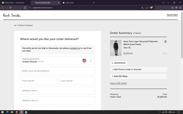 Paul Smith checkout page showing Paul Smith promo code box | Screenshot taken by SimplyCodes community member on Jan 14, 2025