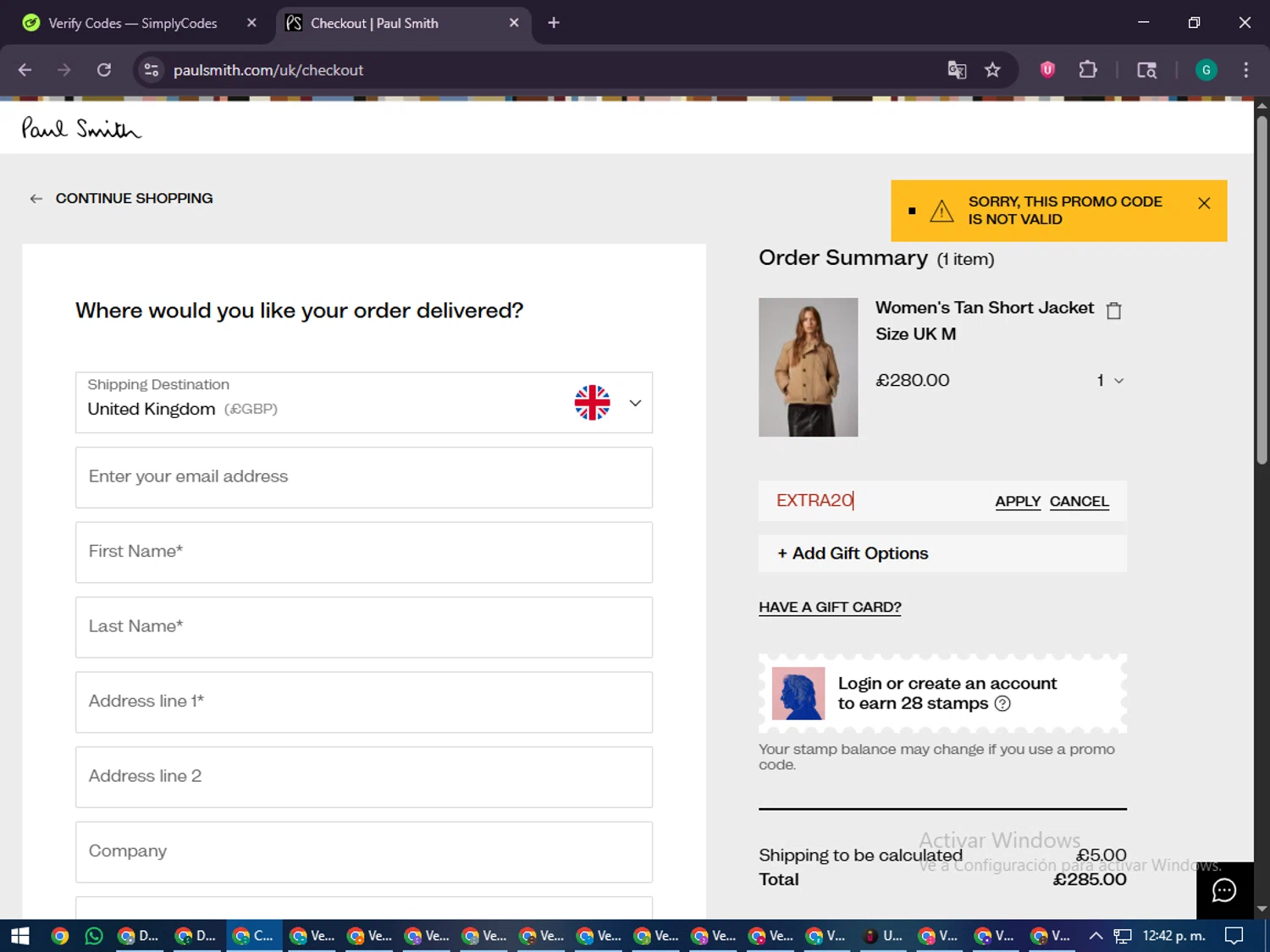 Paul Smith UK promo code screenshot showing code EXTRA20 applied at Paul Smith UK checkout page. Uploaded by SimplyCodes community member PennyFinder5759 on Jan 8, 2026