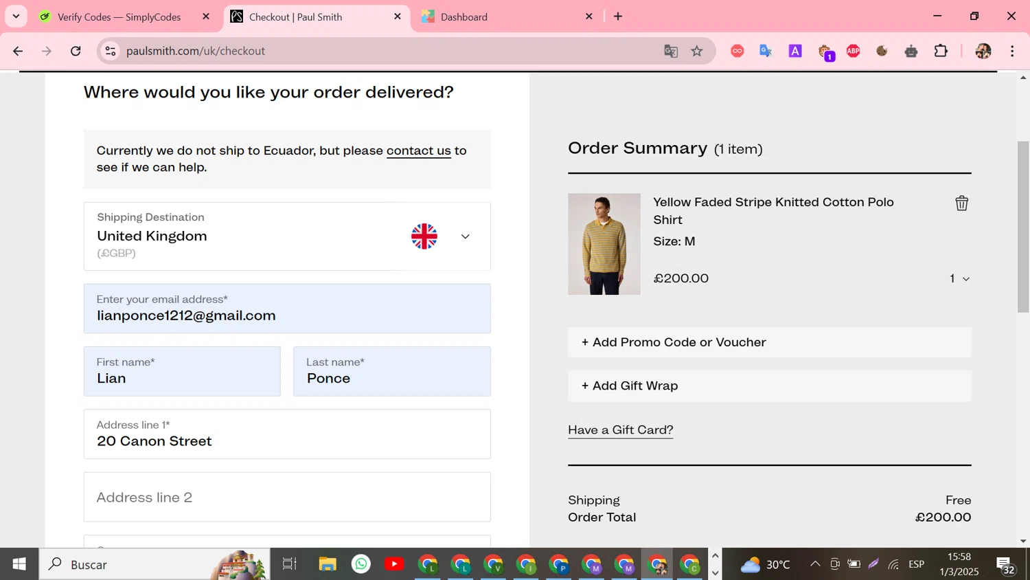 Paul Smith UK checkout page showing Paul Smith UK promo code box | Screenshot taken by SimplyCodes community member on Mar 1, 2025
